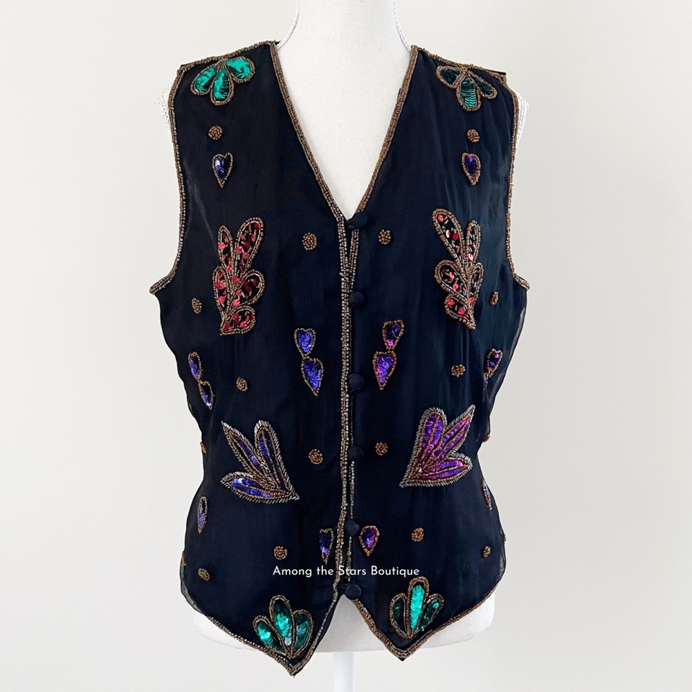 Rare 90s Vintage Embellished Sequin & Beaded Silk Vest ASO Phoebe in Friends - Picture 8 of 14